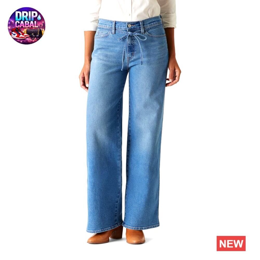 Mid Rise Wide Leg Jeans Stretch Denim Belted Heritage Style Y2K Chic